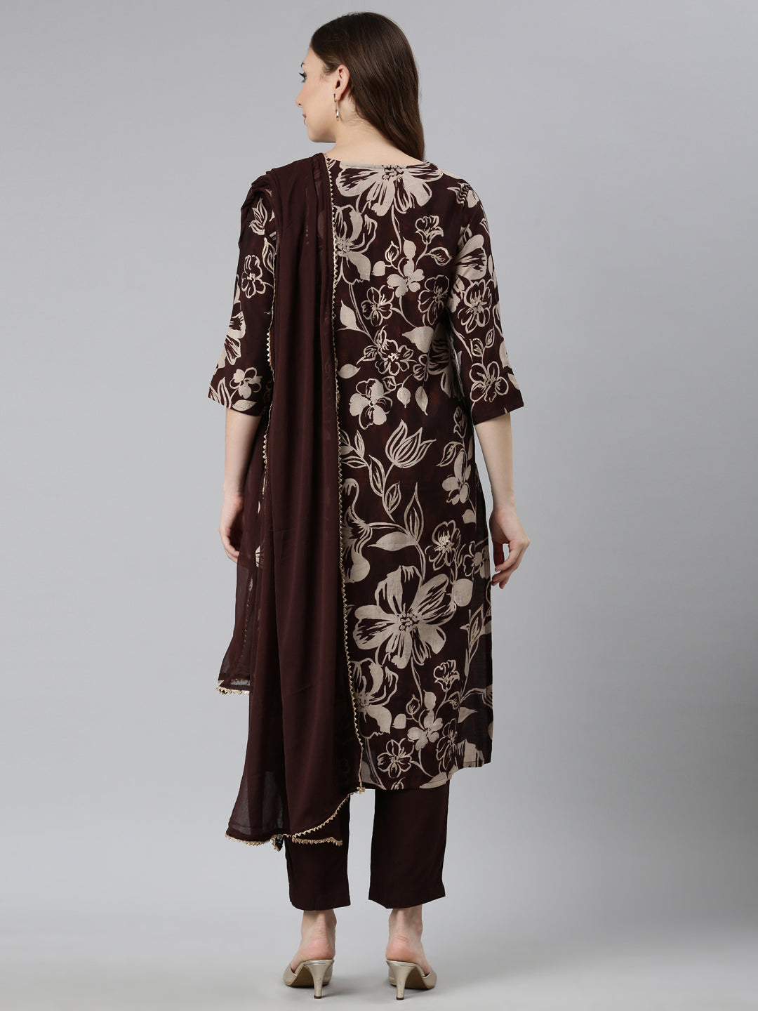 Neerus Brown floral printed straight suit set - side view