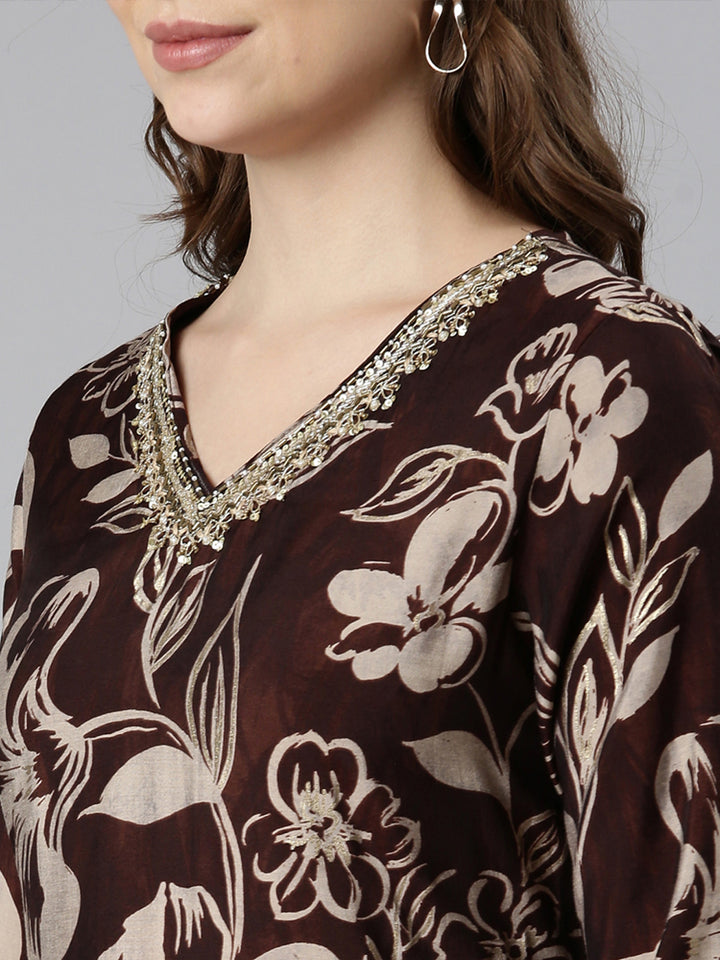 Neerus Brown floral printed straight suit set - detail view 1