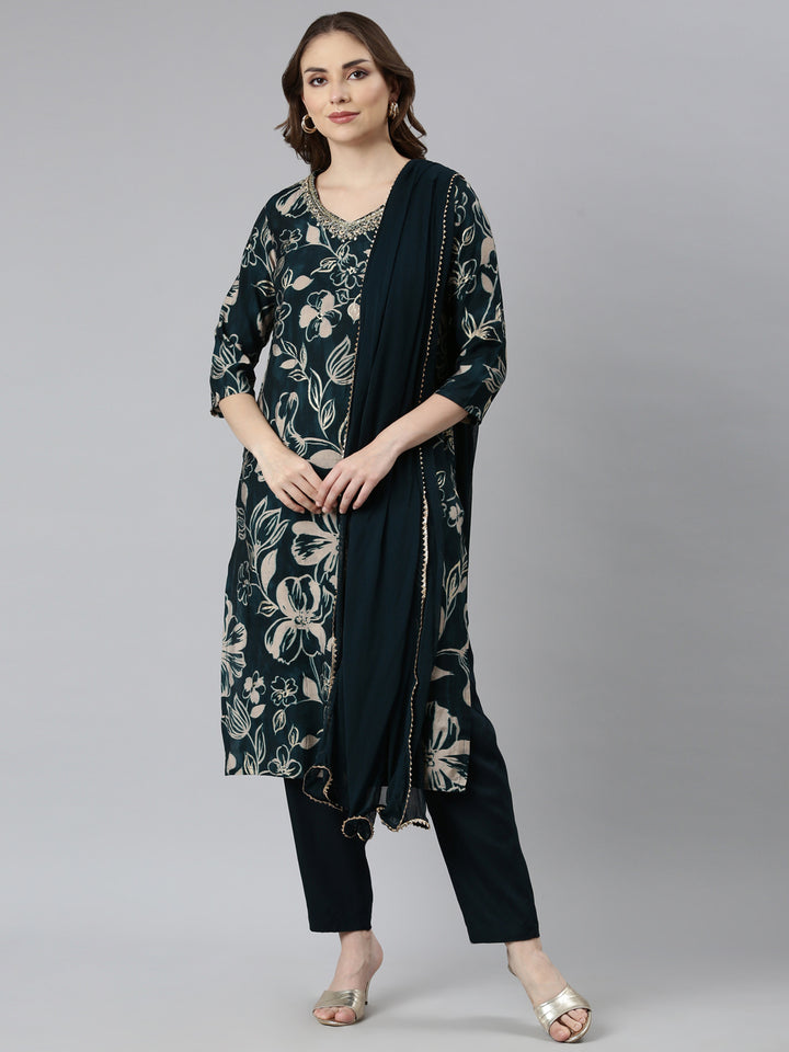 Neerus Green printed floral suit set - front view