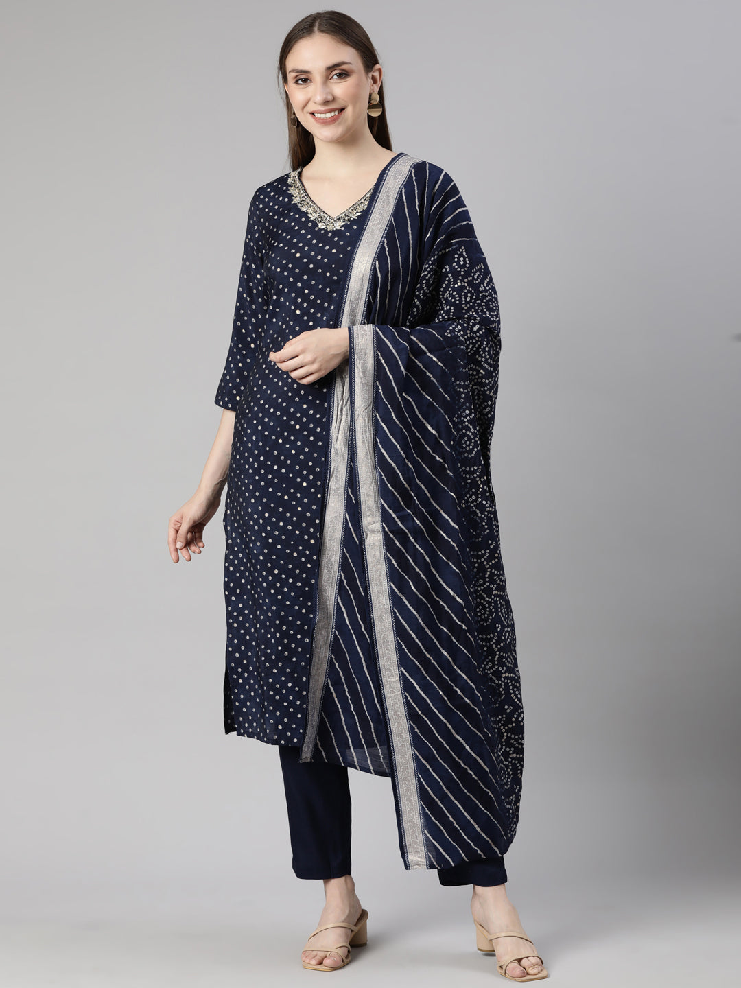 Neerus Blue Bandhani printed straight suit set - front view