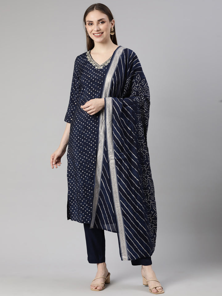 Neerus Blue Bandhani printed straight suit set - front view