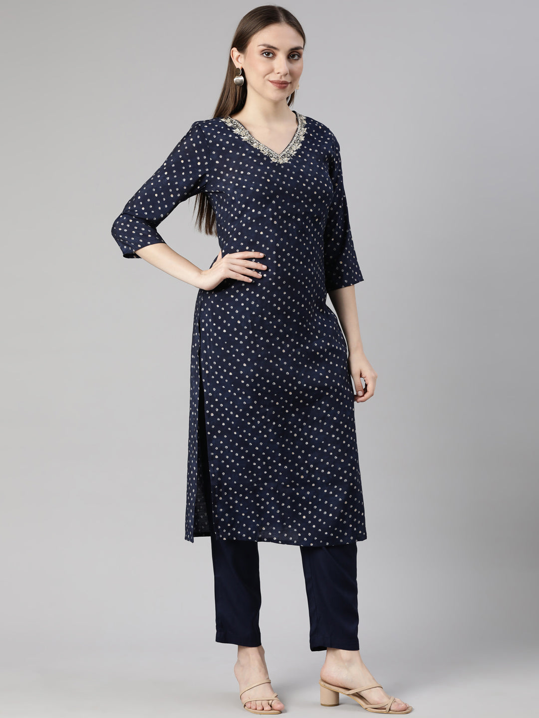 Neerus Blue Bandhani printed straight suit set - back view