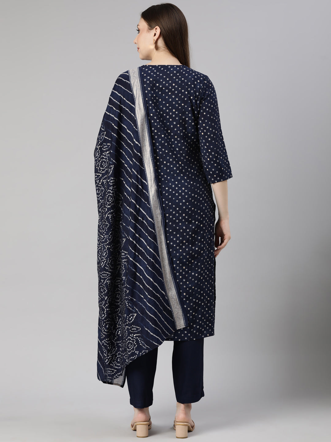Neerus Blue Bandhani printed straight suit set - side view