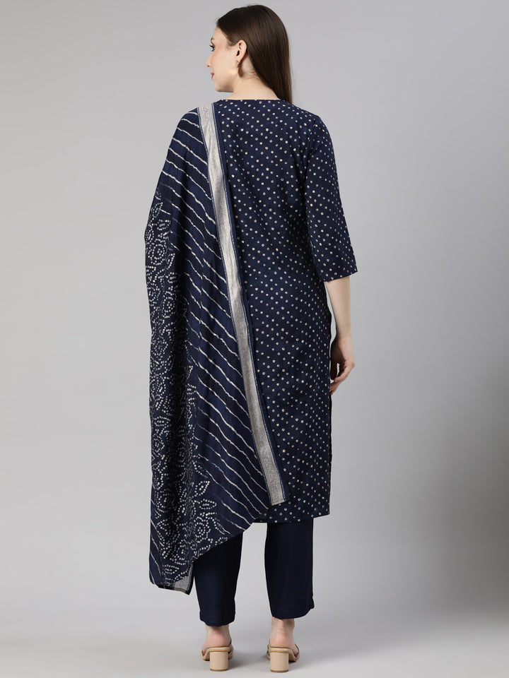Neerus Blue Bandhani printed straight suit set - side view