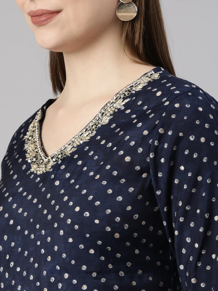 Neerus Blue Bandhani printed straight suit set - detail view 1