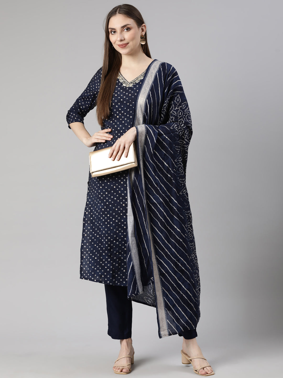 Neerus Blue Bandhani printed straight suit set - detail view 2