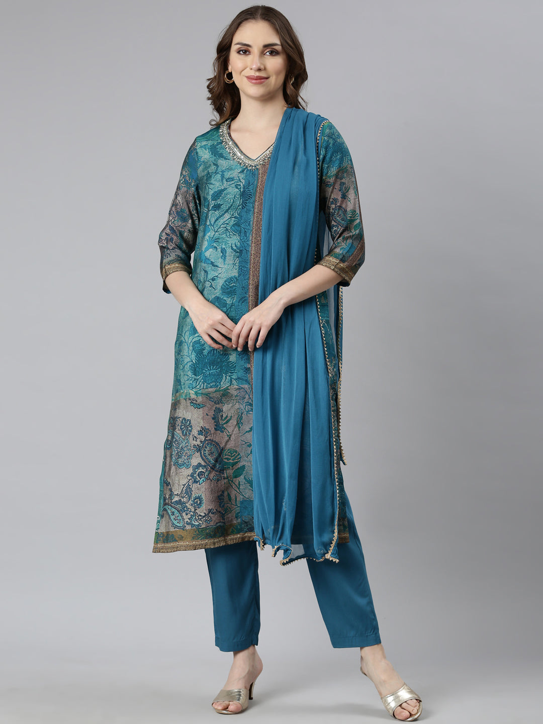 Neerus Blue colourblocked straight kurta suit set - front view