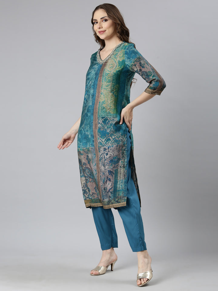 Neerus Blue colourblocked straight kurta suit set - back view