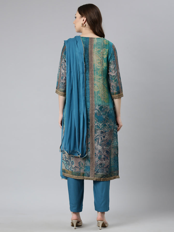Neerus Blue colourblocked straight kurta suit set - side view