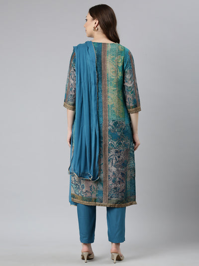 Neerus Blue Regular Straight Colourblocked Kurta And  Trousers With Dupatta