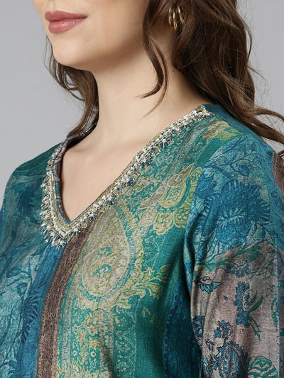 Neerus Blue Regular Straight Colourblocked Kurta And  Trousers With Dupatta