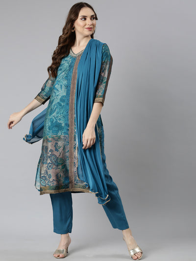 Neerus Blue Regular Straight Colourblocked Kurta And  Trousers With Dupatta