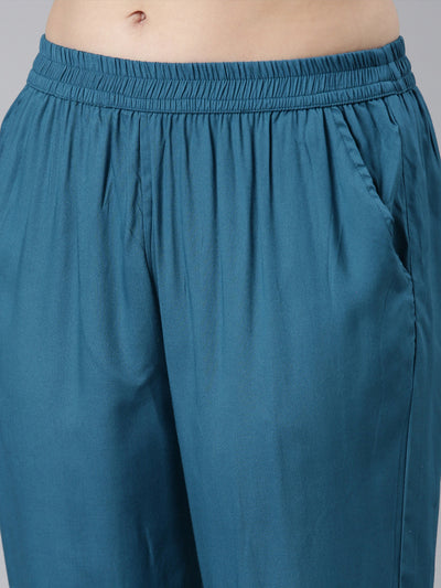 Neerus Blue Regular Straight Colourblocked Kurta And  Trousers With Dupatta
