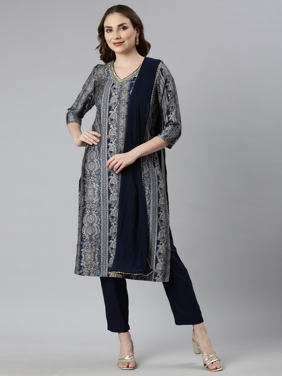Neerus Blue Panelled Straight Chevron Kurta And  Trousers With Dupatta