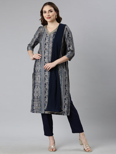 Neerus Blue Panelled Straight Chevron Kurta And  Trousers With Dupatta