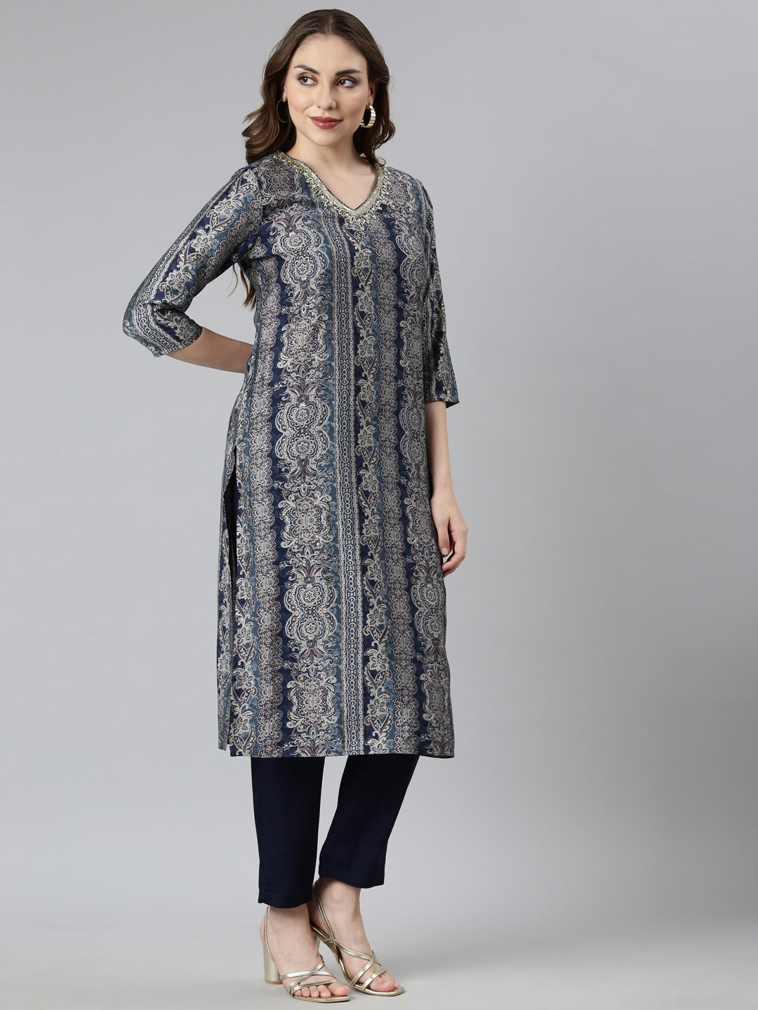 Neerus Blue Panelled Straight Chevron Kurta And  Trousers With Dupatta
