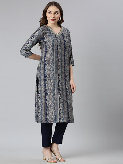 Neerus Blue Panelled Straight Chevron Kurta And  Trousers With Dupatta