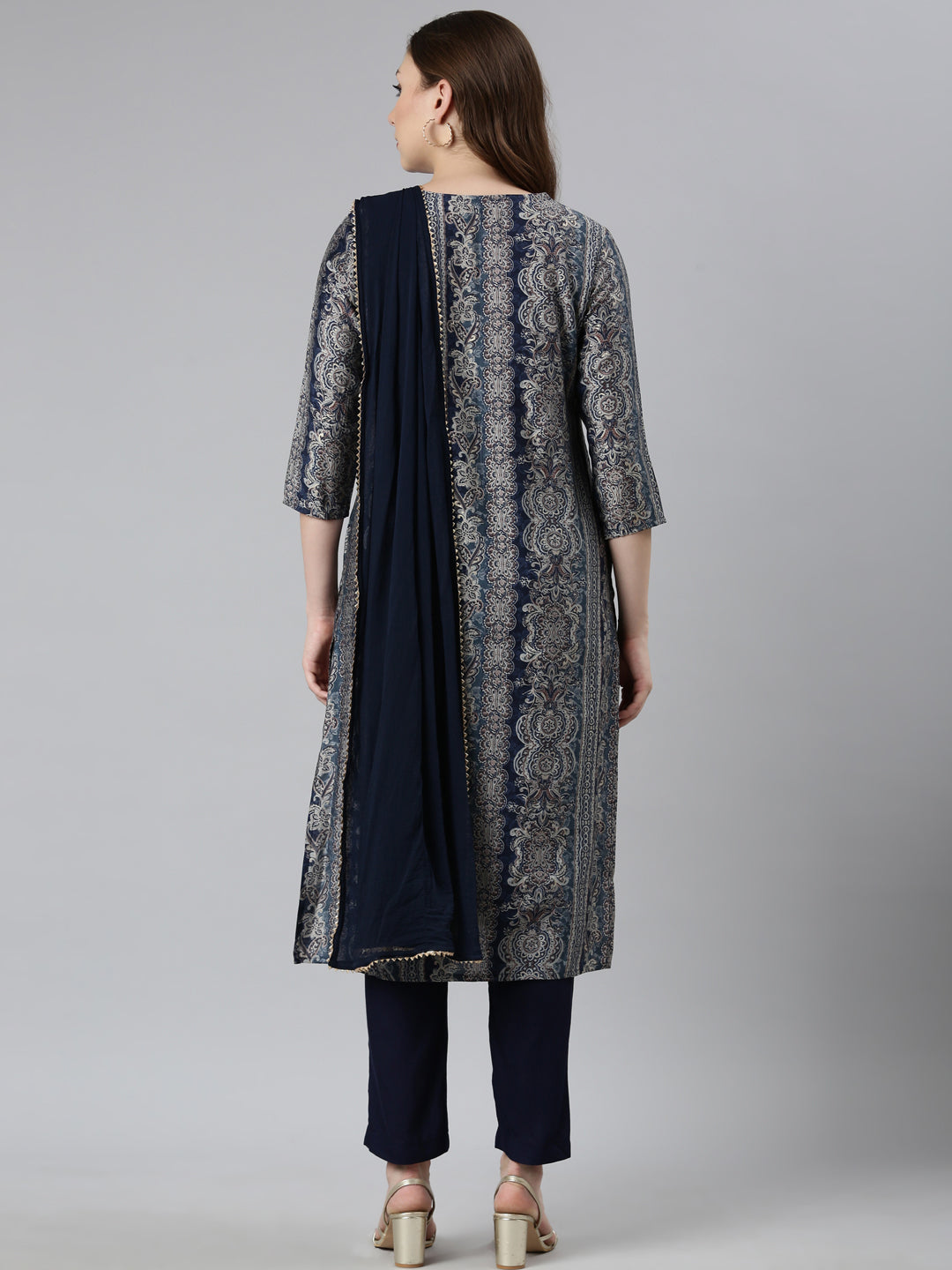 Neerus Blue Panelled Straight Chevron Kurta And  Trousers With Dupatta