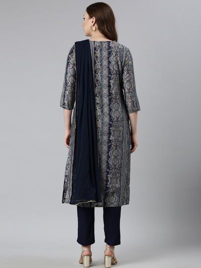 Neerus Blue Panelled Straight Chevron Kurta And  Trousers With Dupatta