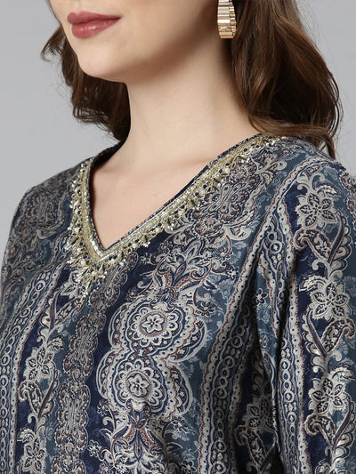 Neerus Blue Panelled Straight Chevron Kurta And  Trousers With Dupatta