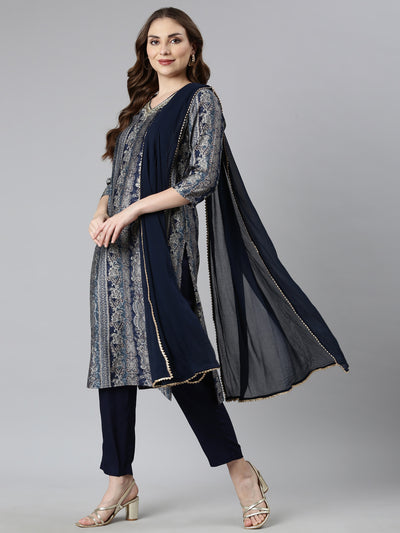 Neerus Blue Panelled Straight Chevron Kurta And  Trousers With Dupatta