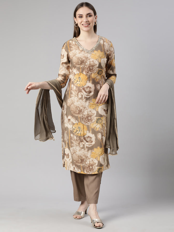 Neerus Brown printed floral suit set - front view