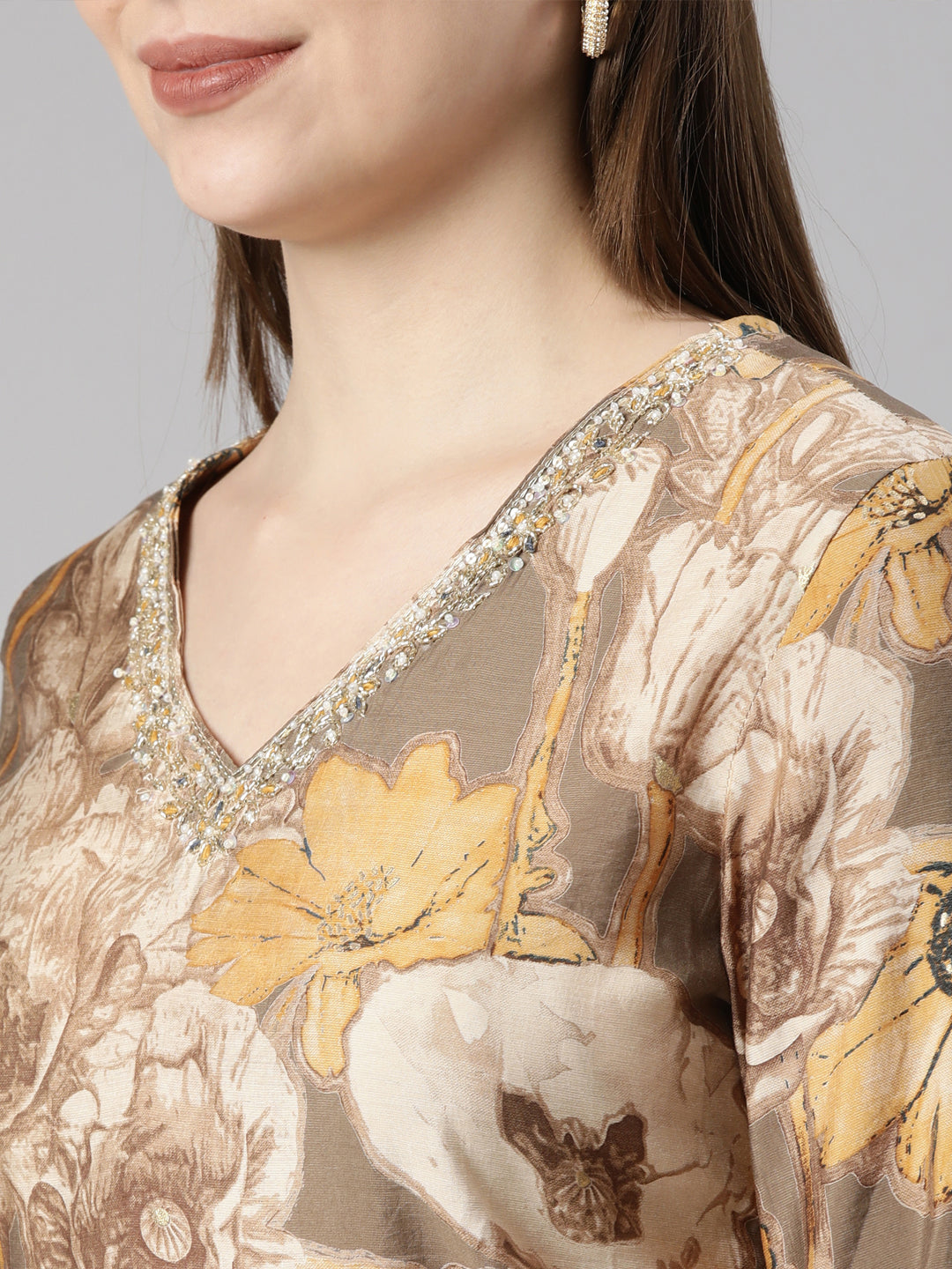 Neerus Brown printed floral suit set - detail view 1