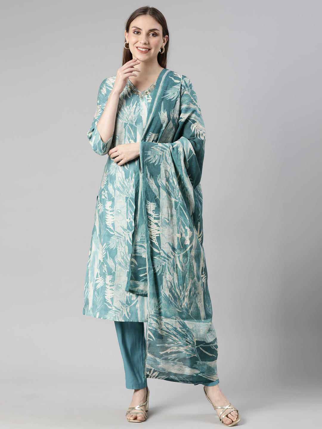 Neerus Blue Regular Straight Floral Kurta And  Trousers With Dupatta