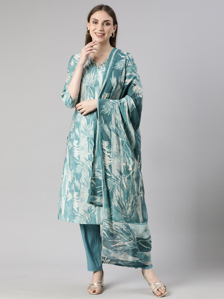 Neerus Blue Regular Straight Floral Kurta And  Trousers With Dupatta