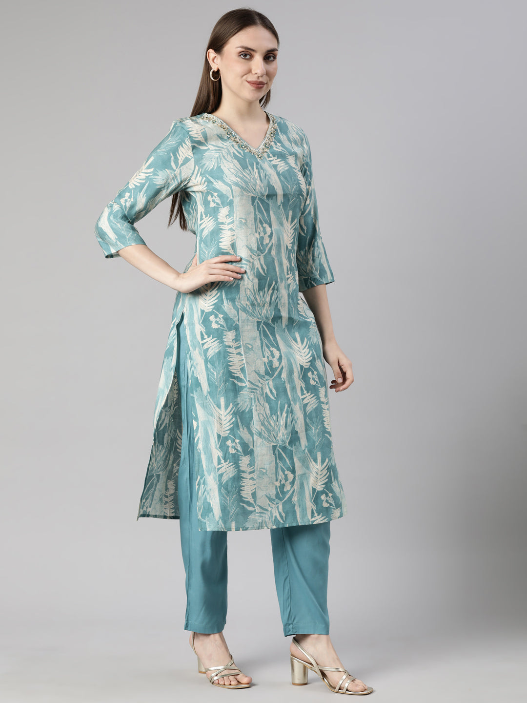 Neerus Blue Regular Straight Floral Kurta And  Trousers With Dupatta