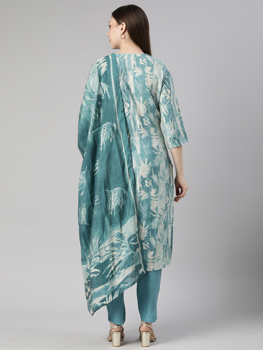 Neerus Blue Regular Straight Floral Kurta And  Trousers With Dupatta
