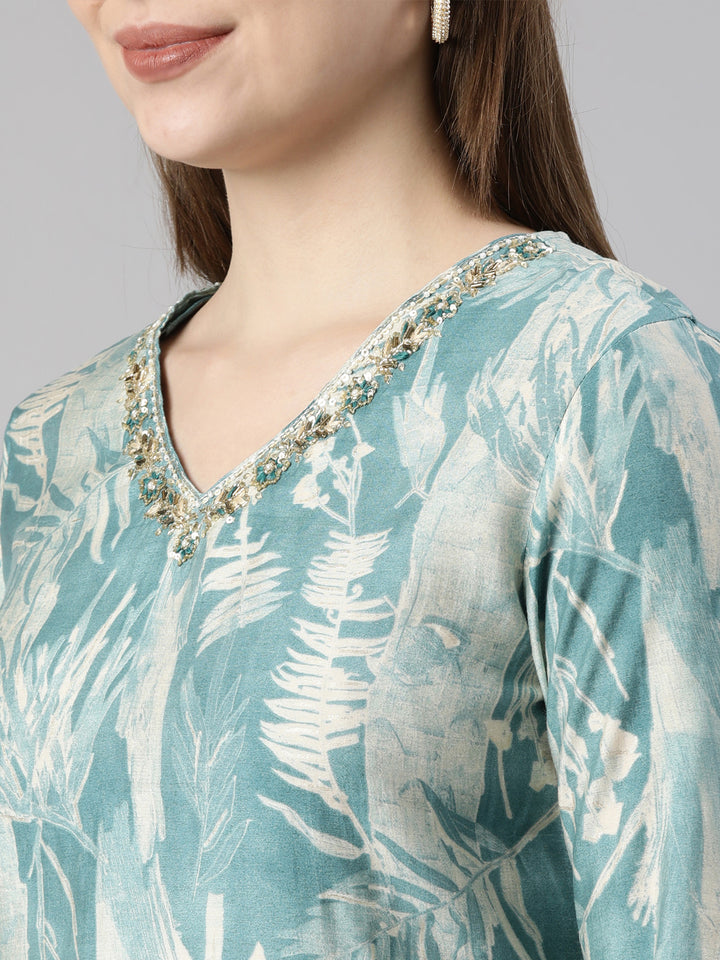 Neerus Blue Regular Straight Floral Kurta And  Trousers With Dupatta