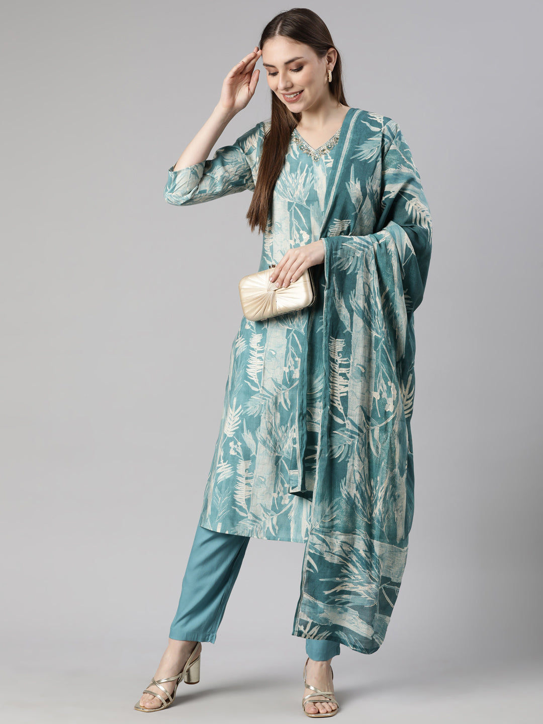 Neerus Blue Regular Straight Floral Kurta And  Trousers With Dupatta