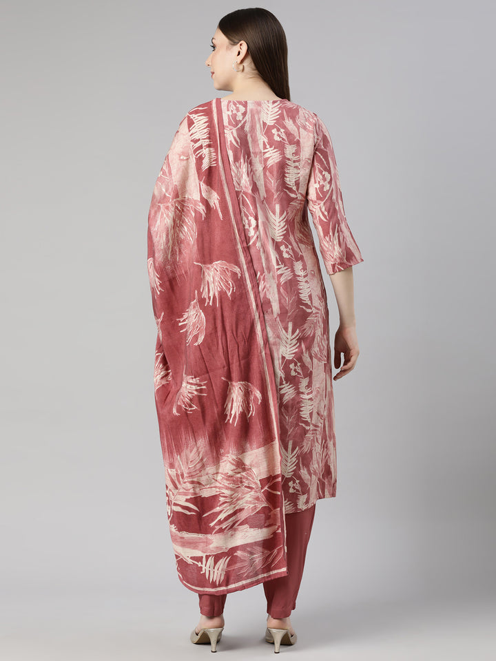 Neerus Pink printed floral straight suit set - side view