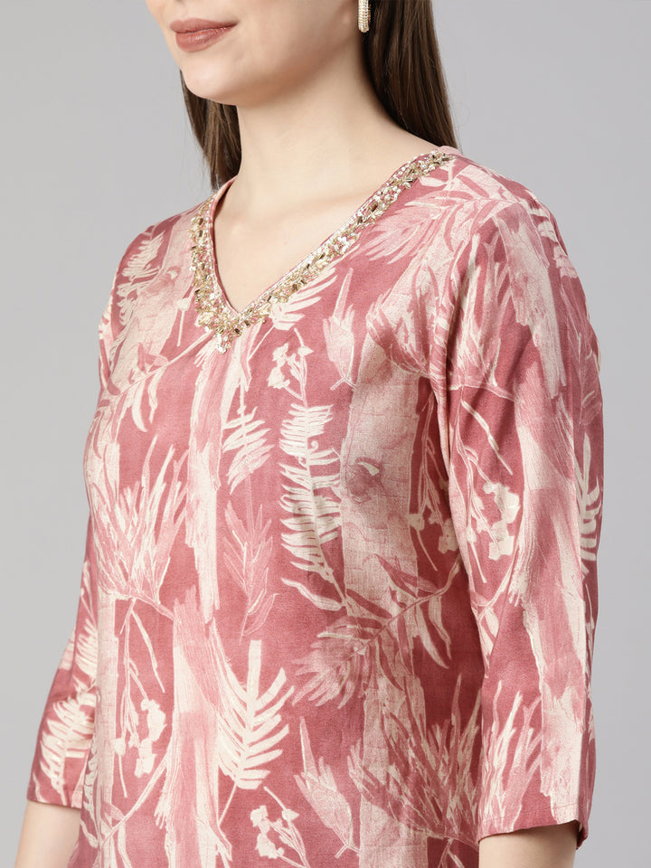 Neerus Pink printed floral straight suit set - detail view 1