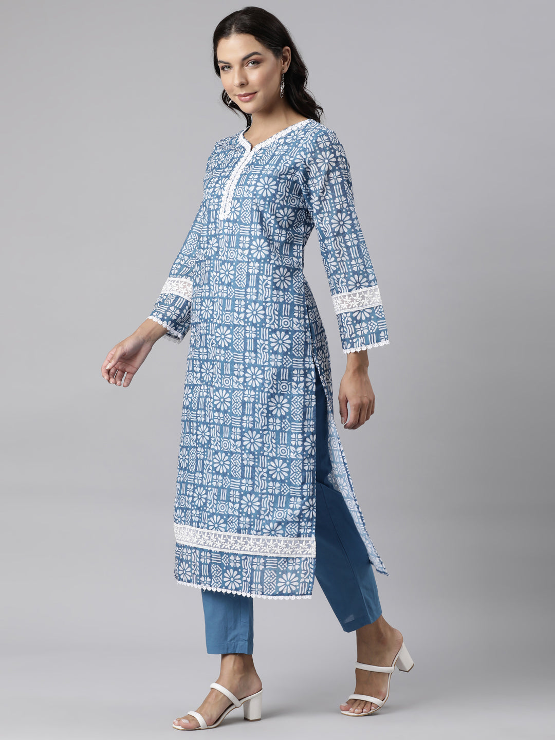 Neerus Blue Panelled Straight Printed Kurta And Trousers With Dupatta