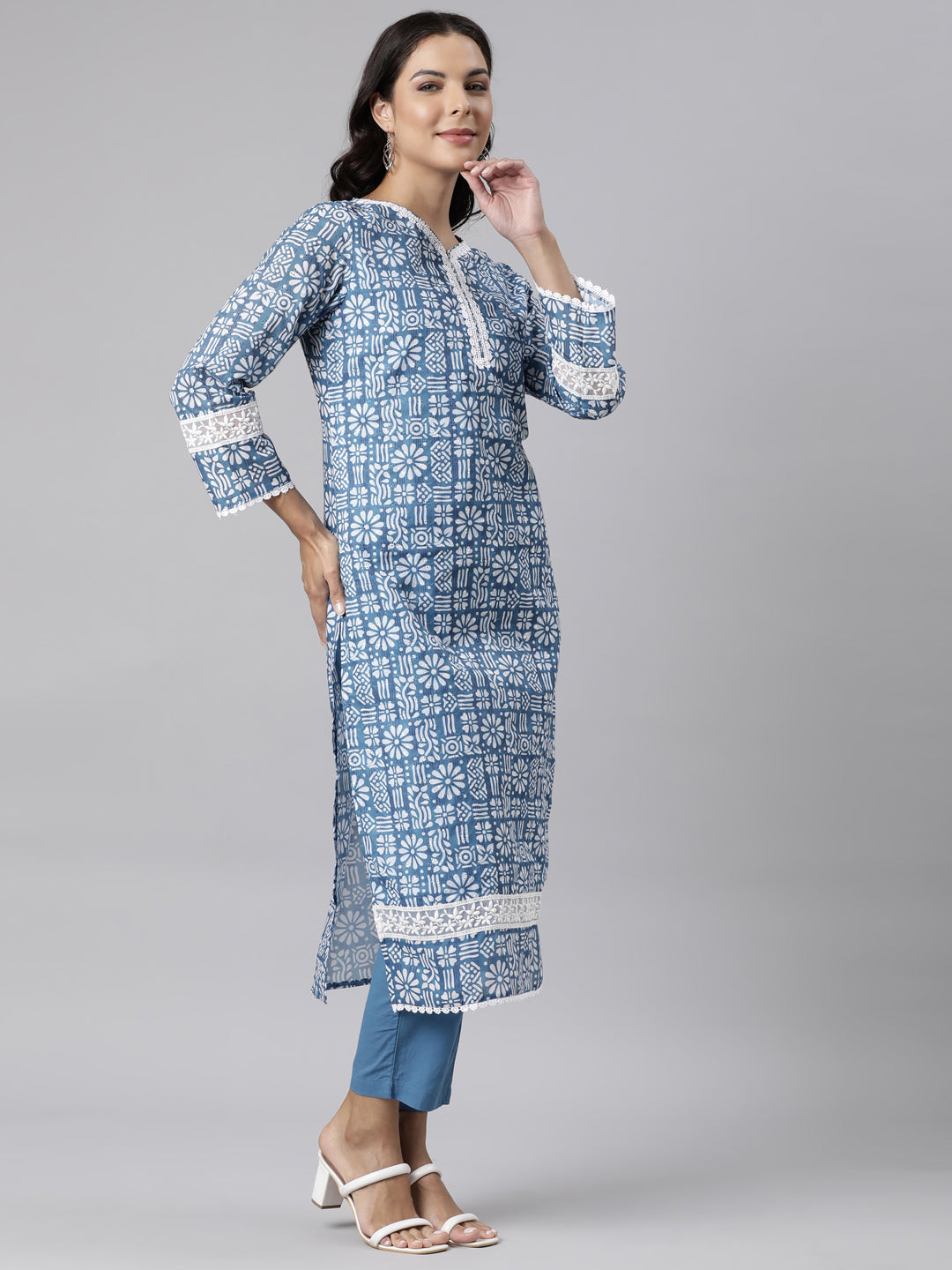 Neerus Blue Panelled Straight Printed Kurta And Trousers With Dupatta