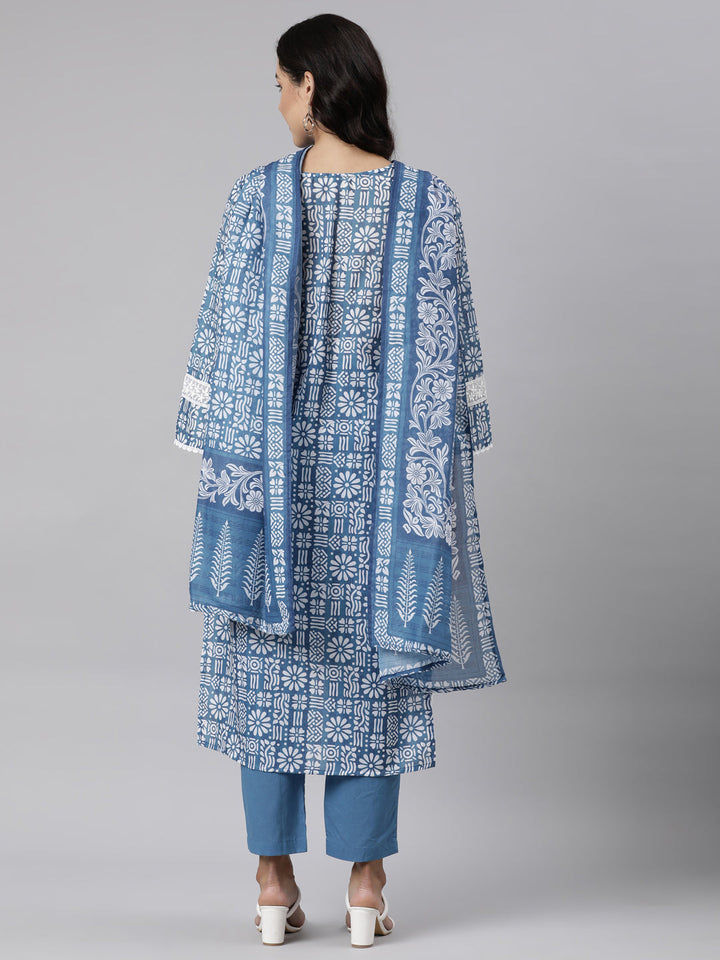 Neerus Blue Panelled Straight Printed Kurta And Trousers With Dupatta