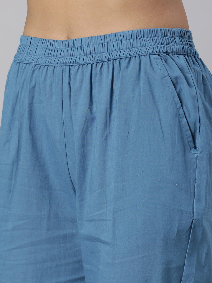 Neerus Blue Panelled Straight Printed Kurta And Trousers With Dupatta