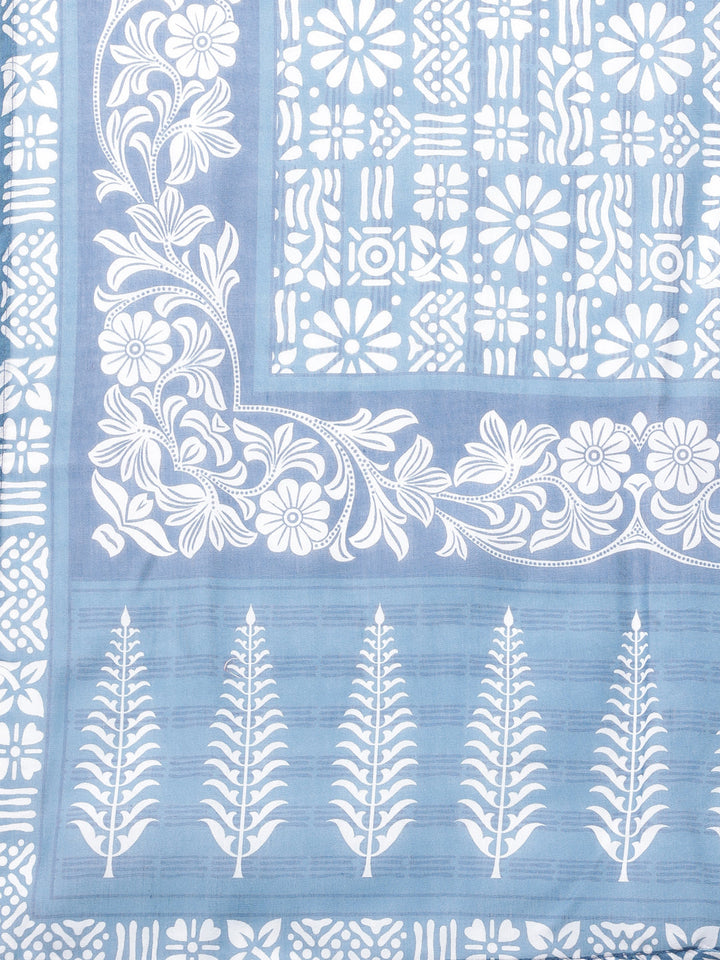 Neerus Blue Panelled Straight Printed Kurta And Trousers With Dupatta