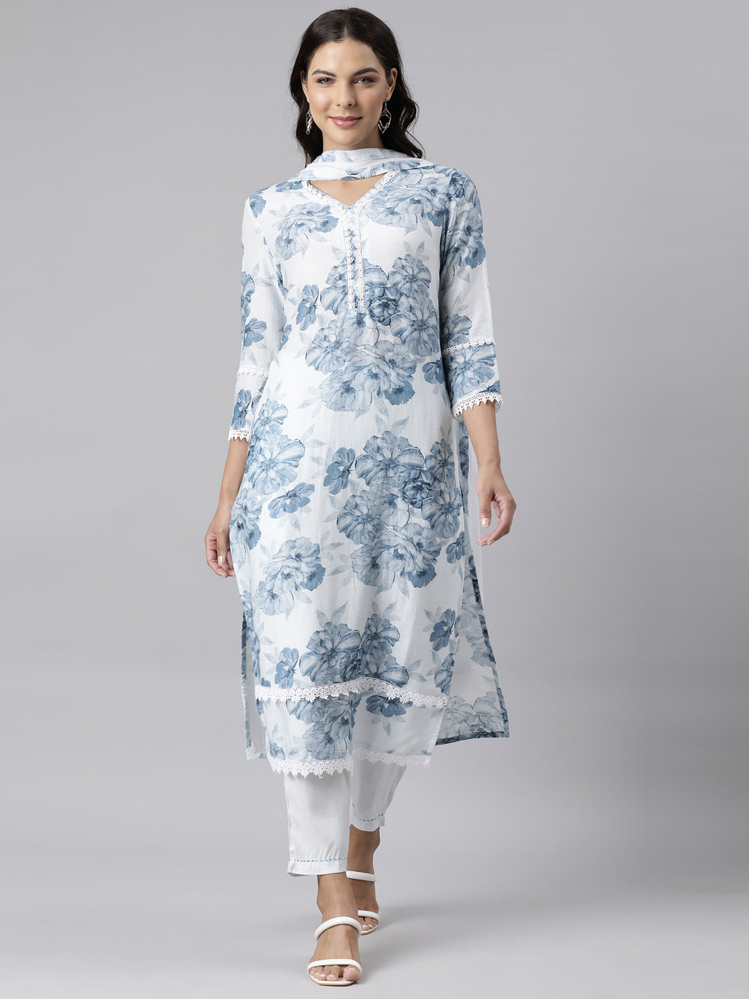 Neerus Blue printed straight kurta suit set with dupatta - front view