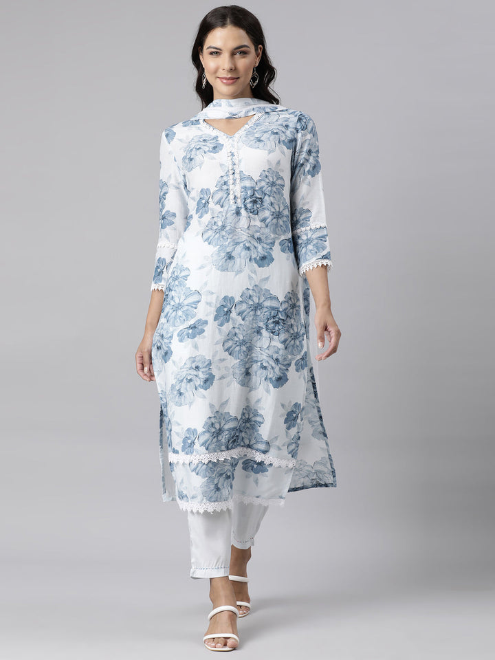 Neerus Blue printed straight kurta suit set with dupatta - front view