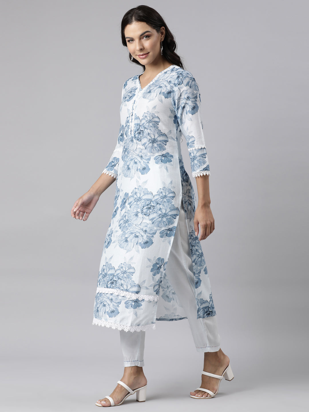 Neerus Blue Panelled Straight Printed Kurta And Trousers With Dupatta