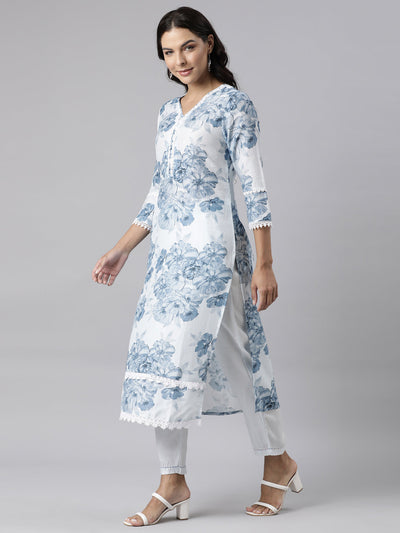 Neerus Blue Panelled Straight Printed Kurta And Trousers With Dupatta