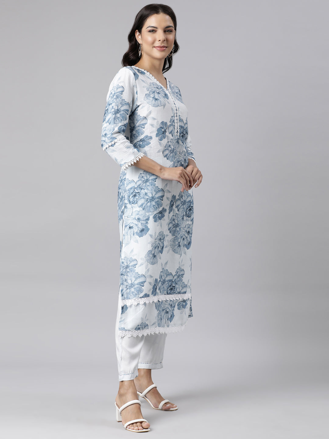 Neerus Blue printed straight kurta suit set with dupatta - side view