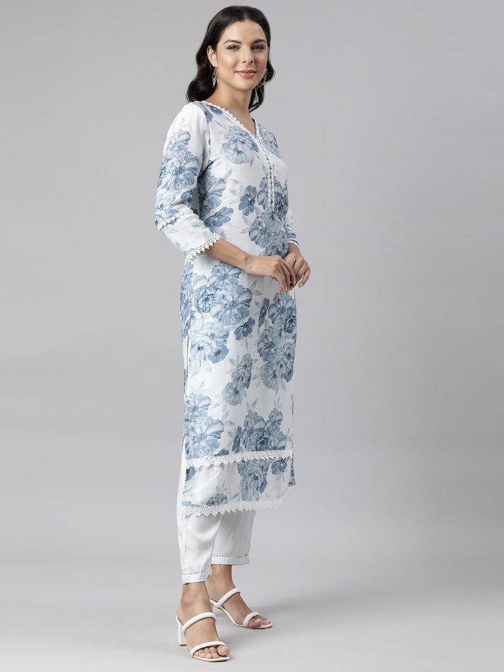 Neerus Blue printed straight kurta suit set with dupatta - side view