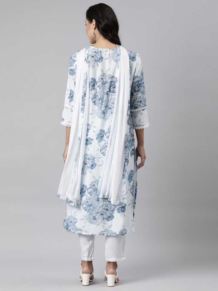 Neerus Blue printed straight kurta suit set with dupatta - detail view 1
