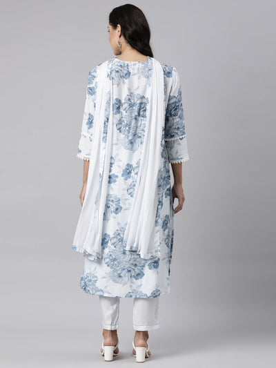 Neerus Blue Panelled Straight Printed Kurta And Trousers With Dupatta
