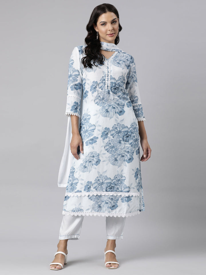 Neerus Blue printed straight kurta suit set with dupatta - detail view 3
