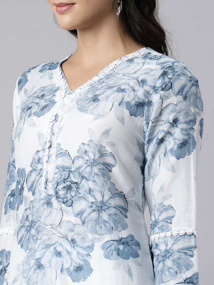 Neerus Blue printed straight kurta suit set with dupatta - detail view 2